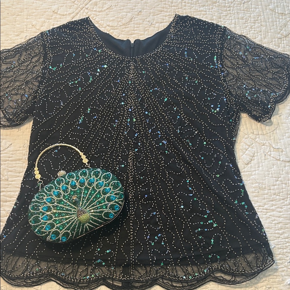 Elegant Black and Green Women's Top with purse